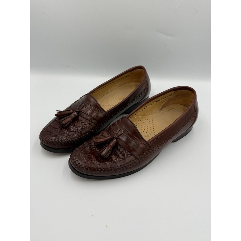 Vintage Bass Leather Tassel Loafers Men's 9.5 D Brown Woven Whipstitch Classic